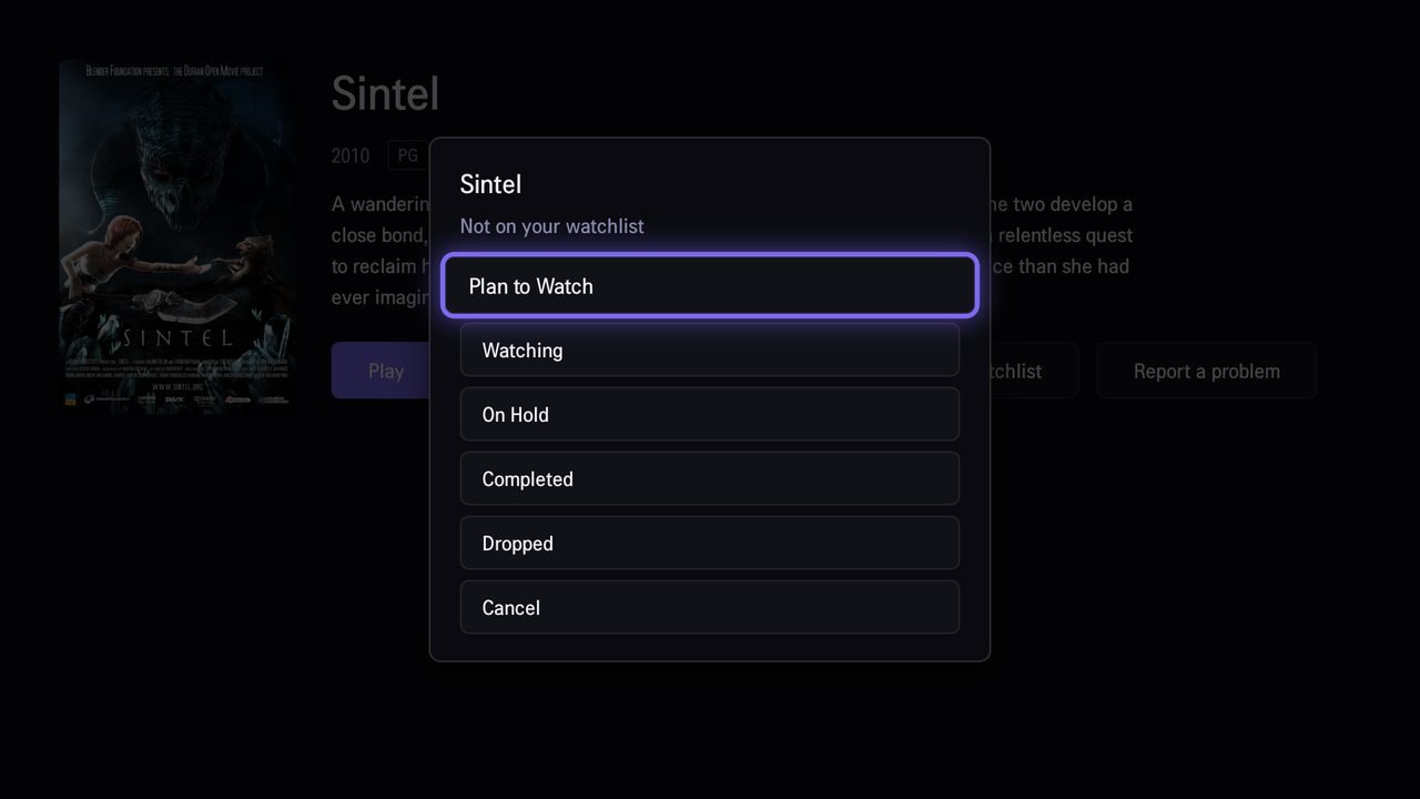 The Watchlist status menu on a title page: Plan to Watch, Watching, On Hold, Completed, Dropped